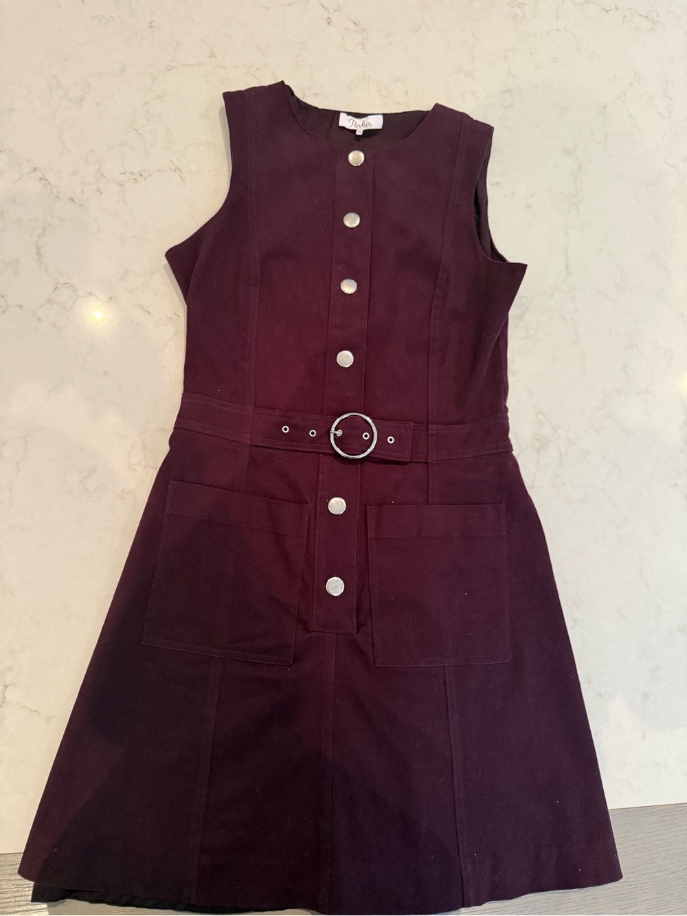 Parker Sleeveless Button-Front Belted Mini Utility Dress in Plum